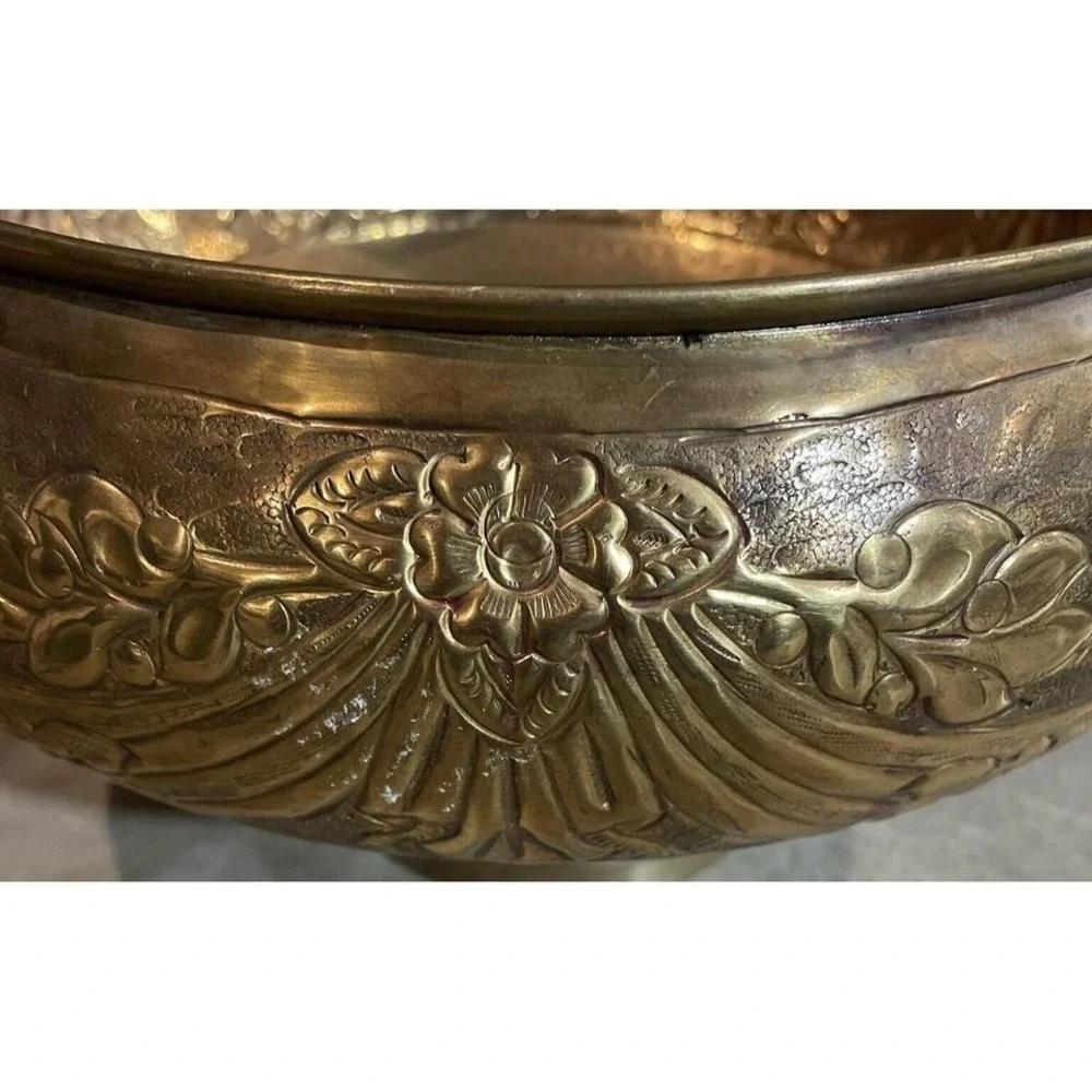 Early 1900s Indian Bronze Footed Bowl Floral Ribbons